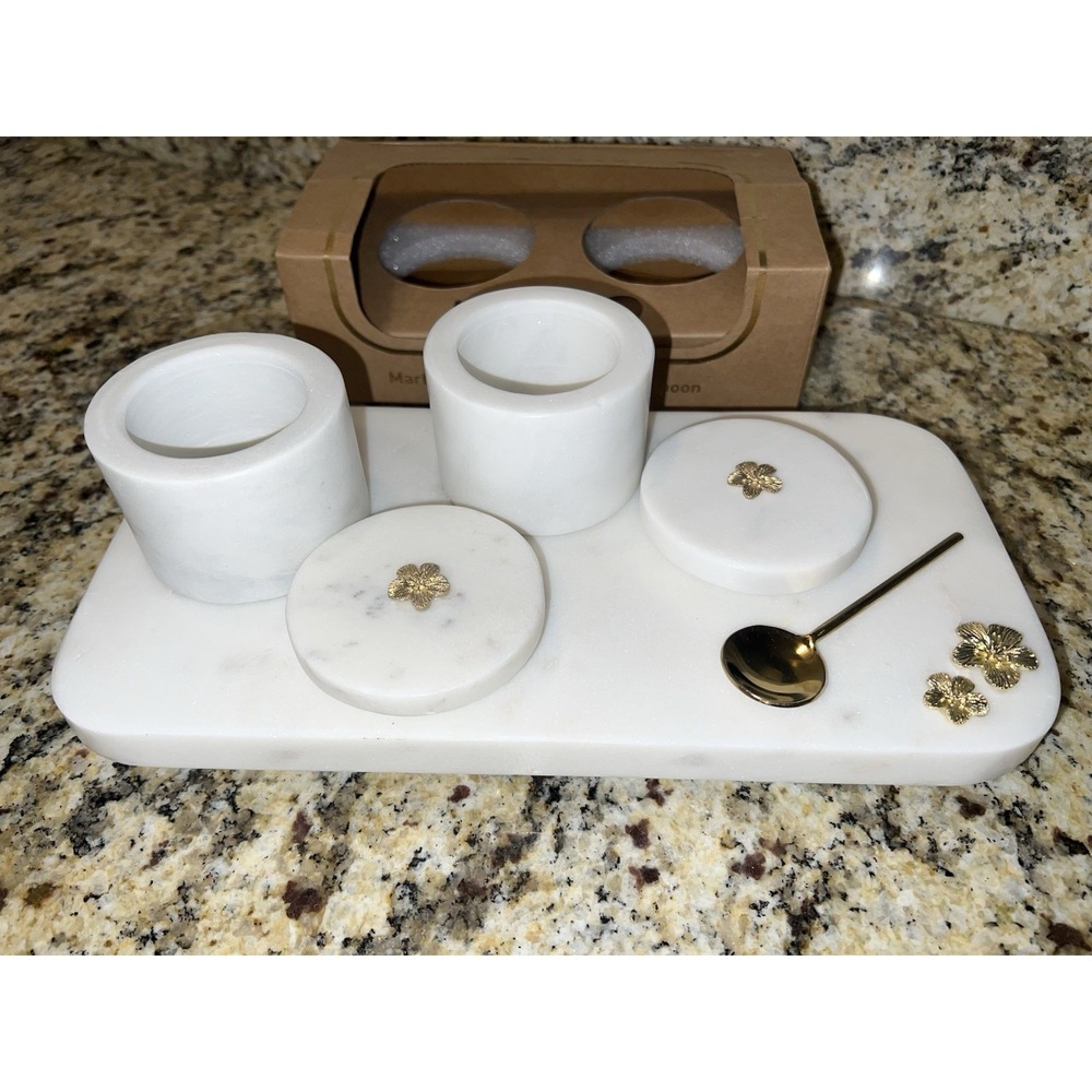 White Marble Salt And Pepper Cellar Set With Marble Base And Gold Spoon And Acce